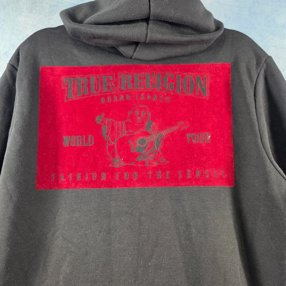 True Religion Mens Jet Black Solid SRS Zip Hoodie Red Buddha Logo Large NWT